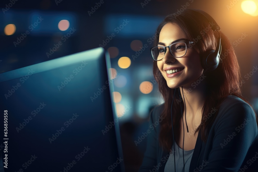 Woman seen looking at computer screen while smilinig Woman seen looking at computer screen while smilinig