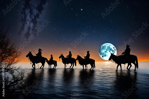 horse riders front of moon sifght