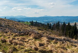 Moravskoslezske Beskydy mountains from forest glade on Chotarny kopec hill in Javorniky mountains in Slovakia