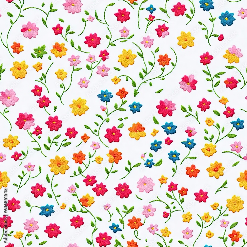 Embroidered seamless pattern of colorful flowers. AI generated.