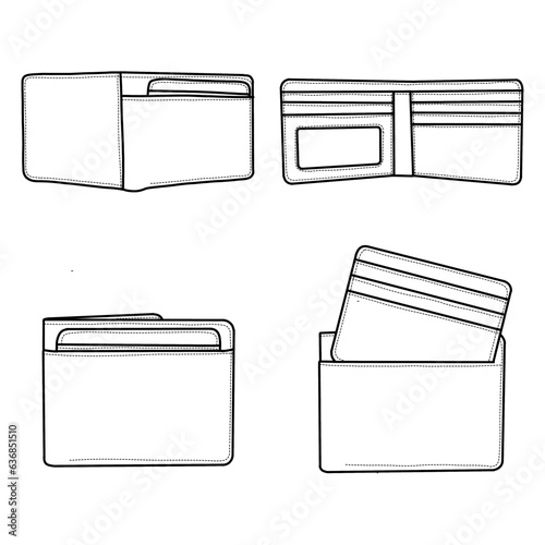 Technical drawings of bifold leather wallet card case open outline vector in front and backview, Isolated on white background. Template vector illustration for your leather bifold wallet design.