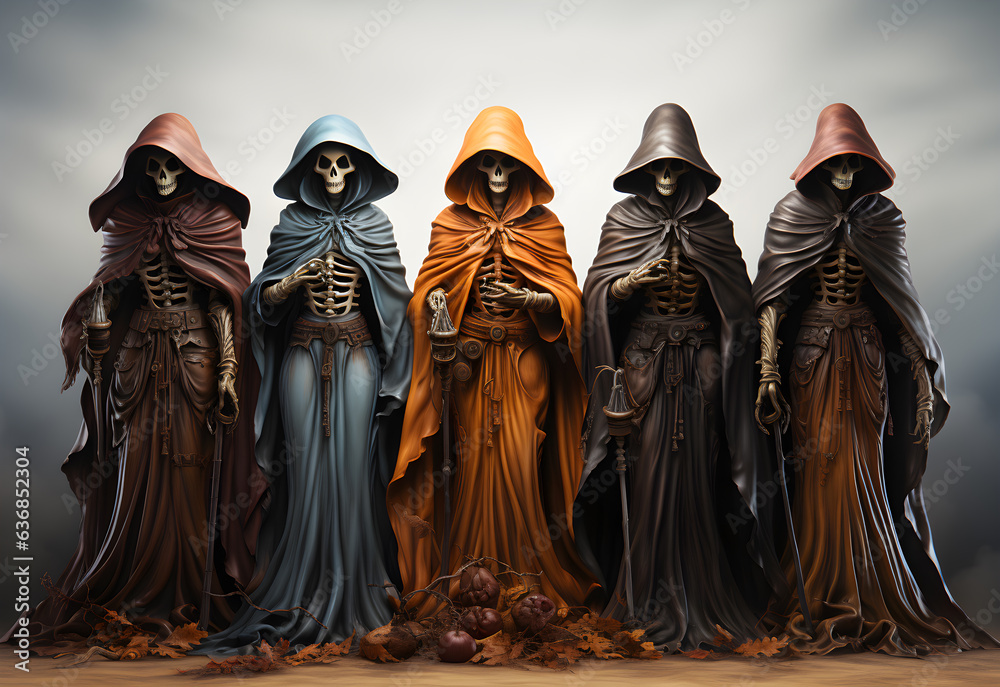 Clothed ghost spirit, five skeletons standing in line, spirit painting Clothed ghost spirit, five skeletons standing in line, spirit painting