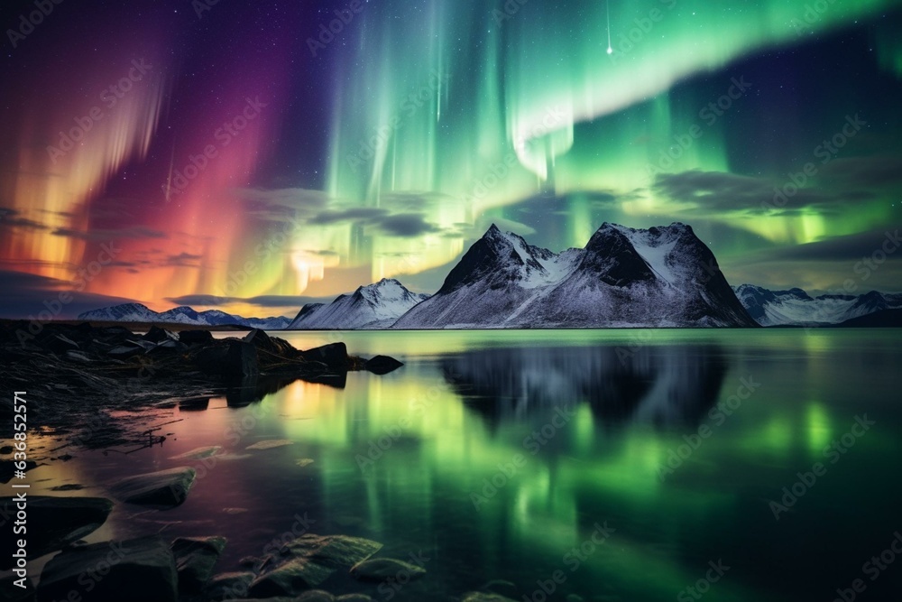 Northern lights dance over Norwegian mountains and reflected in a lake and ocean. Generative AI