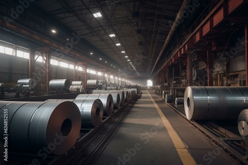 Sheet production shop for a steel mill with stored sheet rolls. Generative AI