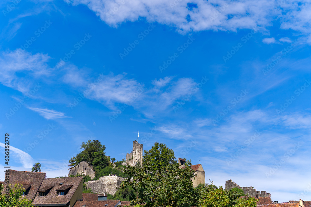 Scenic view of the old town of City of Baden with castle ruins at famous fun fair named Badenfahrt on a sunny summer noon. Photo taken August 19th, 2023, Baden, Canton Aargau, Switzerland.