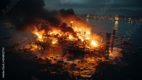 burning oil platform in the sea view from a drone  aerial view