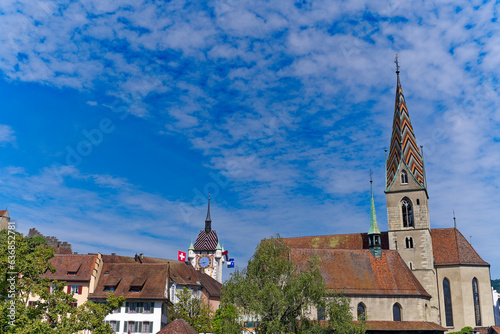 Scenic view of the old town of City of Baden at famous fun fair named Badenfahrt on a sunny summer noon. Photo taken August 19th, 2023, Baden, Canton Aargau, Switzerland.