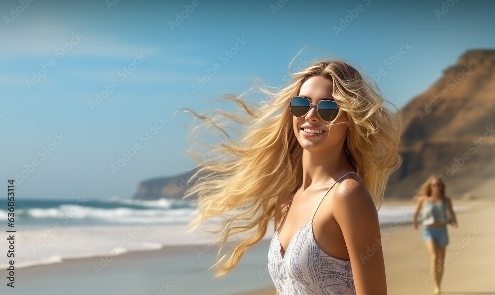 Photo of a woman enjoying a peaceful walk along the sandy beach, with the beautiful ocean as her backdrop Photo of a woman enjoying a peaceful walk along the sandy beach, with the beautiful ocean as her backdrop