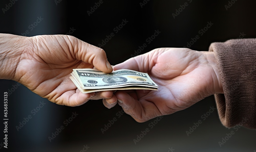 Photo of a transaction as one person hands money to another - obrazy, fototapety, plakaty 