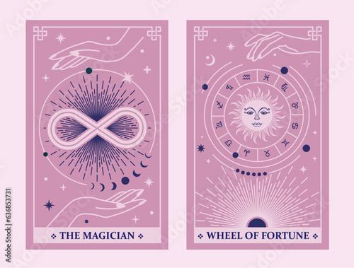 Tarot cards The Magician and Wheel of Fortune, Celestial Tarot Cards Basic witch tarot surrounded by moon and stars. Vector illustration.