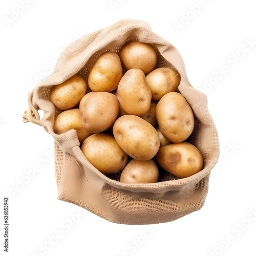 Top View of Raw Fresh Potatoes in Burlap Bag  Isolated on transparent background