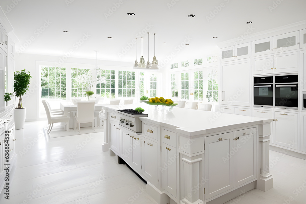 Luxurious white kitchen and living room in a big house. Modern kitchen interior Luxurious white kitchen and living room in a big house. Modern kitchen interior