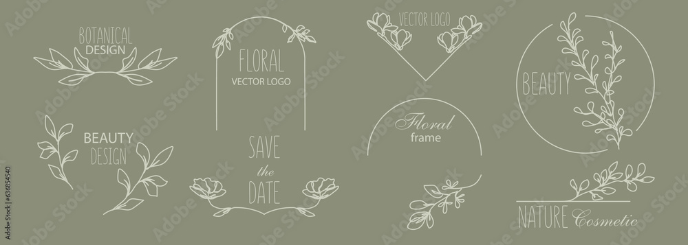 Line Drawing Floral Borders, Vintage Frames with Linear Leaves, Flowers. Abstract Trendy Botanical Elements Set. Vector Line Art Floral Set for Label, Invitation, Cards