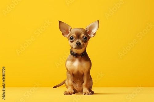 Uncertain, small dog, humorous, on yellow backdrop. Generative AI