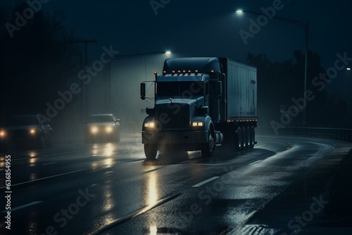 A big truck on a dim highway in pouring rain. Generative AI
