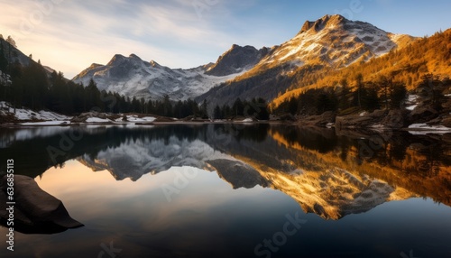 sunrise in the mountains - a calm lake with mountain reflections