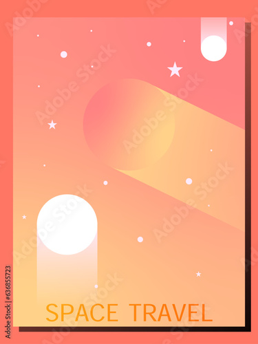 Aesthetic minimal space travel wall art. Bauhaus inspired modern gradient vector.Pink red and yellow sun moon and stars. Perfect for poster,banner,brochure,card,cover,spacious decor,template,print,web