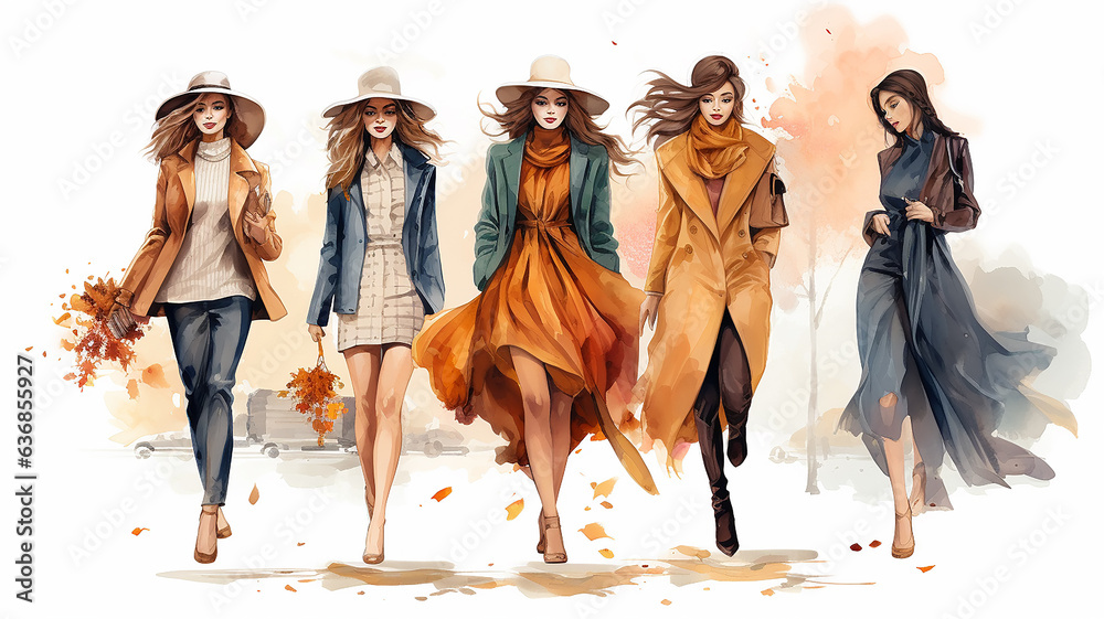 autumn fashion clothes, a group of models of girls, in october look, watercolor on a white background drawing, models in a row - obrazy, fototapety, plakaty 