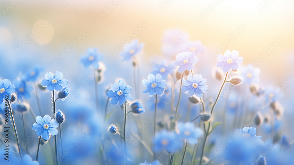 forget-me-nots, landscape in a field on a foggy morning, small wild flowers, delicate soft color softpastel tones
