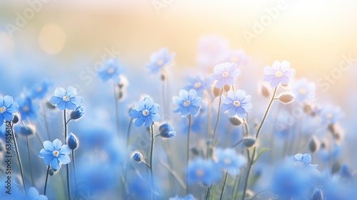 forget-me-nots, landscape in a field on a foggy morning, small wild flowers, delicate soft color softpastel tones