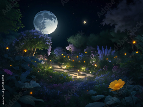 A moon garden in the night  fantastic garden from a fairy tale, two butterflies, and a mystery blue background with a shining moon © Sherina