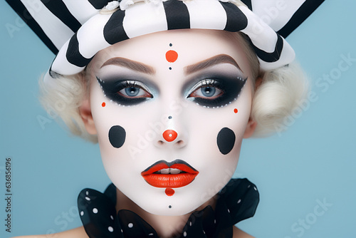 Woman's face with black and white Halloween Pierrot costume makeup photo