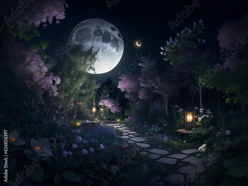 A moon garden in the night  fantastic garden from a fairy tale, two butterflies, and a mystery blue background with a shining moon © Sherina