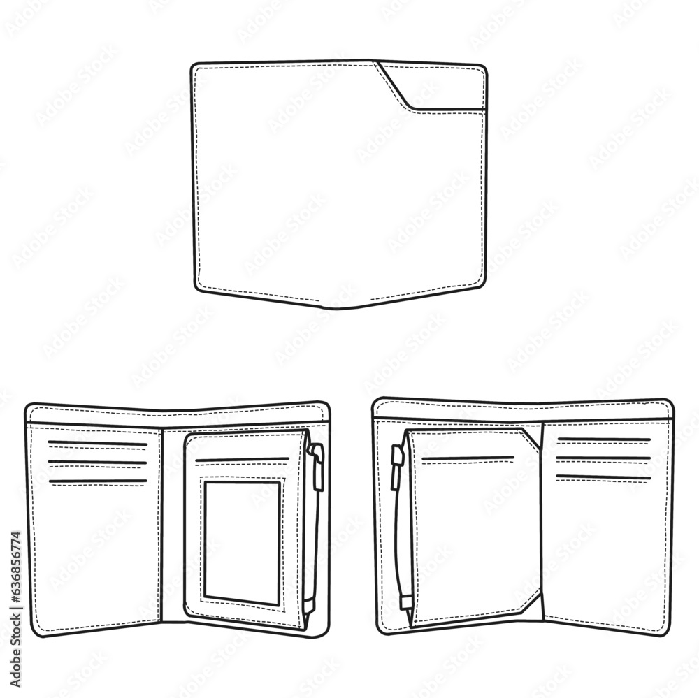 Technical drawings of bifold leather wallet card case open outline