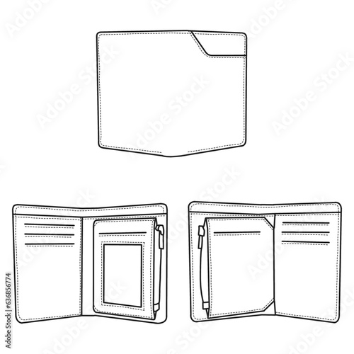 Technical drawings of bifold leather wallet card case open outline vector in front and backview, Isolated on white background. Template vector illustration for your leather bifold wallet design model 