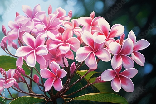 Artistic illustrations of plumeria flowers capture an impressionist painting style. Generative AI