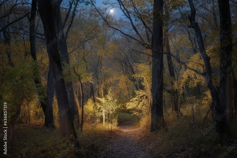 Enchanting woods aglow during full moon. Generative AI