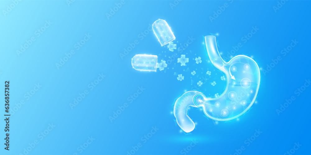 Obraz premium Medical sign symbol blue cross floats out capsule absorbs into the stomach. Emergency medicine first aid and health care innovation treatment. Human heart organ translucent low poly triangles. Vector.
