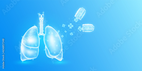 Medical sign symbol blue cross floats out capsule absorbs into the lung. Emergency medicine first aid and health care innovation treatment. Human heart organ translucent low poly triangles. Vector.