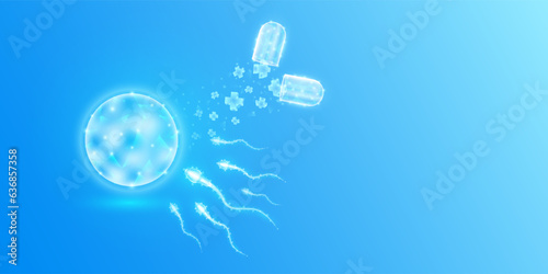 Medical sign symbol blue cross floats out capsule absorbs into the sperm and egg cells. Emergency medicine first aid. Fertilization reproductive and health care pregnancy low poly triangles vector.