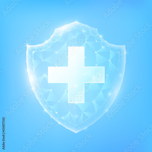 Medical sign symbol blue cross in shield poly triangle glowing on blue background. Immunity protection innovation. Medical care science concept. Realistic 3D Vector illustration.