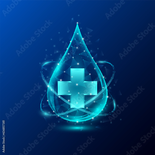 Medical sign symbol blue cross in water drop low poly triangle glowing on blue background. Immunity protection innovation. Medical care science concept. Realistic 3D Vector illustration.