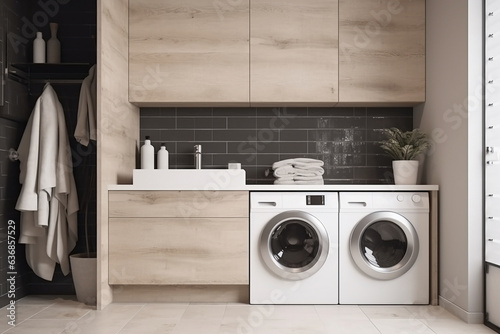  Generative AI. Laundry room. Laundry basket, cleaning accessories on a wooden bench. Scandinavian style interior. Rustic home laundry interior with modern washing machine