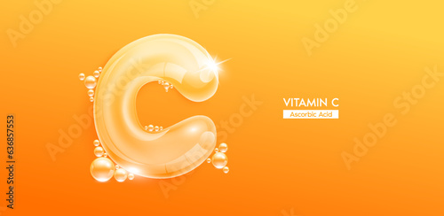 Vitamin C in form water character letter bubble collagen serum. Font type uppercase orange. Solution vitamins complex skin care for cosmetics ads design. Medical concepts beauty nutrition. 3D Vector.