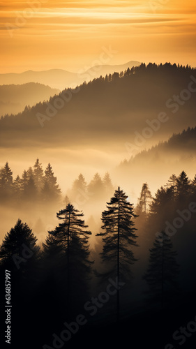 a lonely pine tree in the sunset mist in the mountains, an autumn calm landscape of wildlife, a vertical panorama of the forest