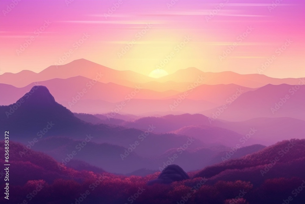 A stunning purple mountain landscape reaching for the radiant sun amid scenic foreground and background. Generative AI