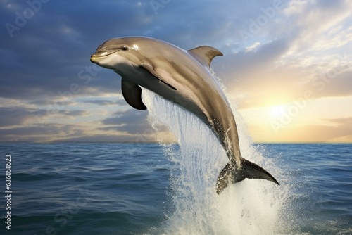 Photographie Mature bottlenose dolphin in mid-air, jumping. Generative AI