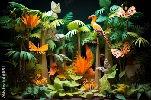 Paper jungle diorama with origami tree, ideal for summer vibes. Generative AI © William