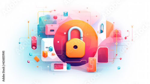 Colourful cybersecurity concept. A lock, securing your life, VPN. Protecting your data. Corporate icons. Vibrant, white background. Unique concept, cyber security software suite.