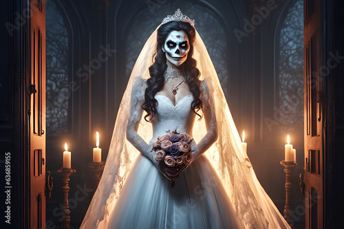 Dead bride for Halloween. Generative AI	
