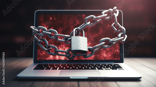 A laptop which has been chained up. Locked out of computer. Ransomware, cyber security, cryptolocker. Online danger. Virus scanner. Malware. Out of service. Call support.