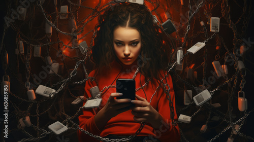 A young person addicted to social media. Internet addiction. Depression, anxiety, always connected. Social issues. Chained to phone. 