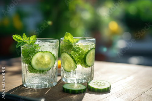 Two glasses, cucumber water on a table, outdoor setting. Refreshing drinks in summer, shallow depth of field, blurry background. 