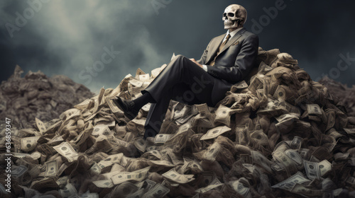 A businessman sitting on top of a pile of money or bearer bonds. Skull, skeleton, grim reaper. Morbid corporate image, halloween.