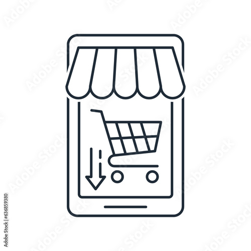 Shopping cart and down arrow on the eshop screen. Purchase, application online. Vector linear icon isolated on white background.