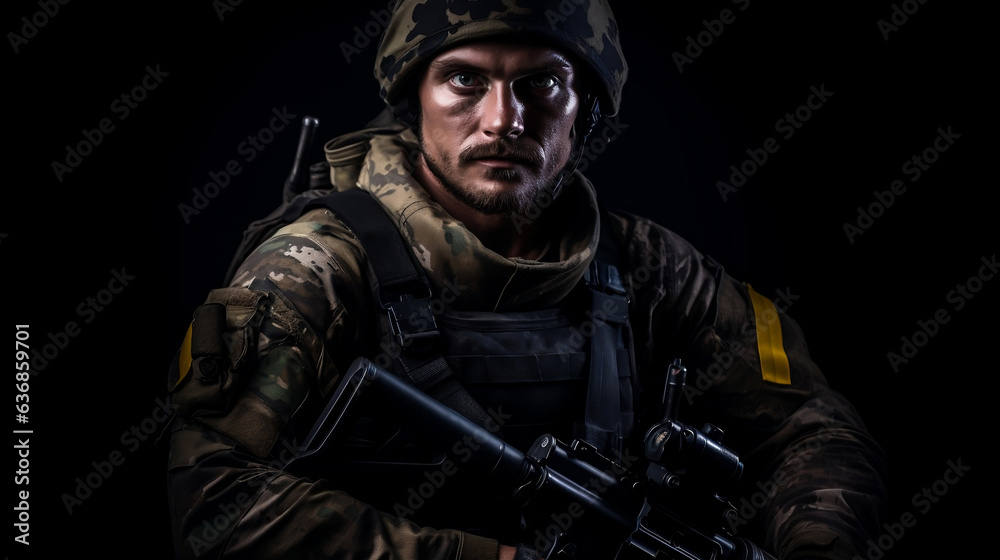 Special forces soldier with weapons on dark background. Generative AI.
Proud soldier with his head held high holding a weapons and looking confidently forward. Soldiers - our pride.